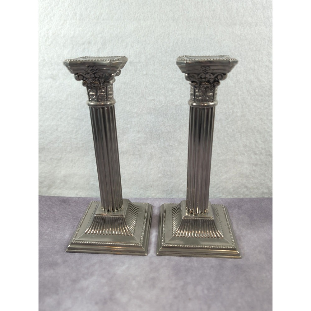 Set of 2 Antique Silver Plated Corinthian Column 8" Fluted Candlesticks England